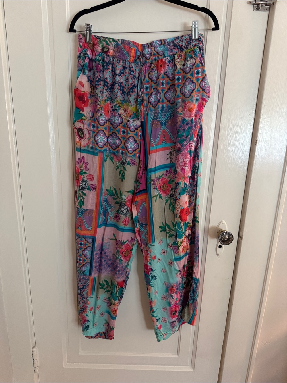 Floral Patchwork Print Wide-Leg Women's Pants - Teal Pink - Picture 9 of 9